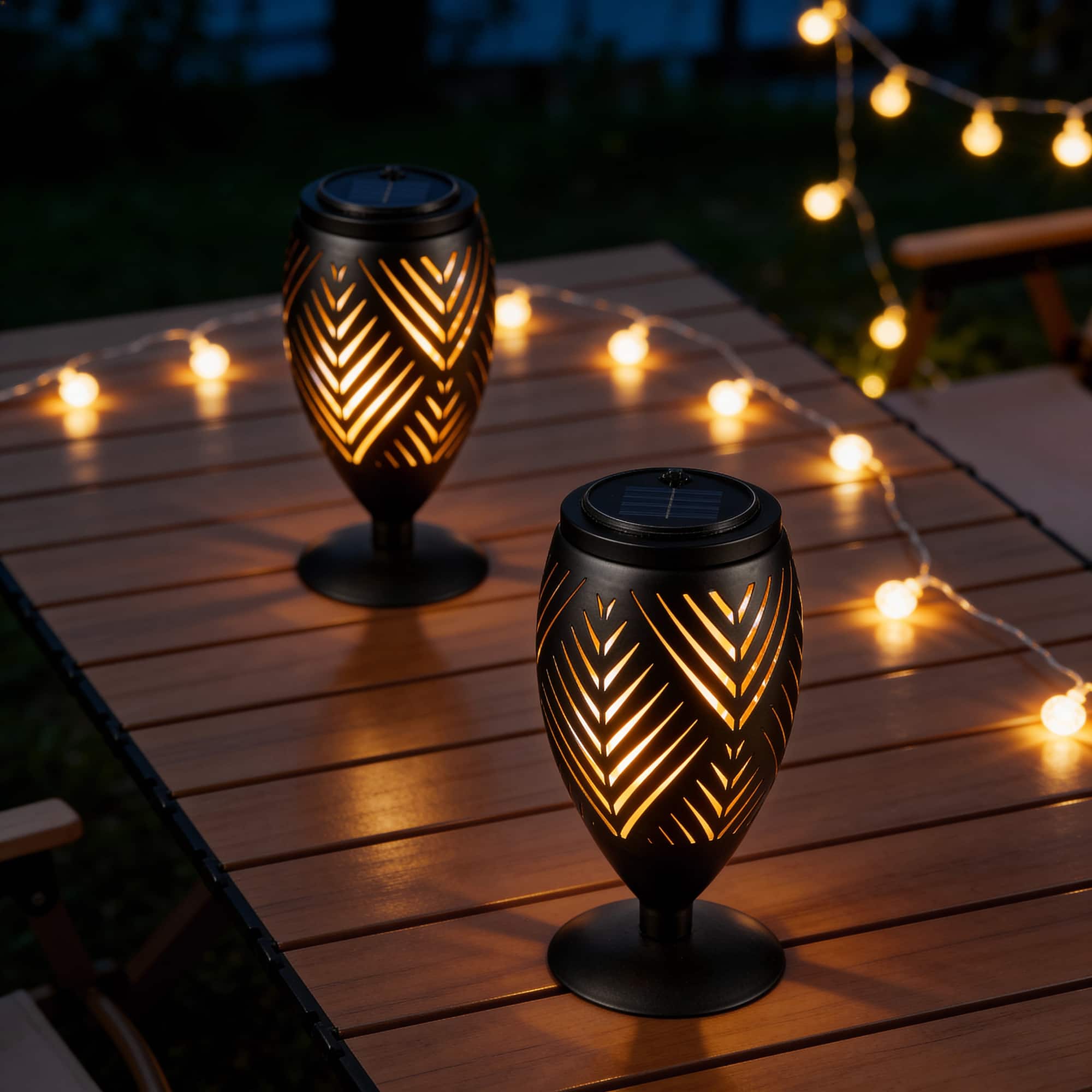 Glitzhome® 8.75" Set of 2 LED Black Metal Chevron Cutout Solar Powered Outdoor Lantern